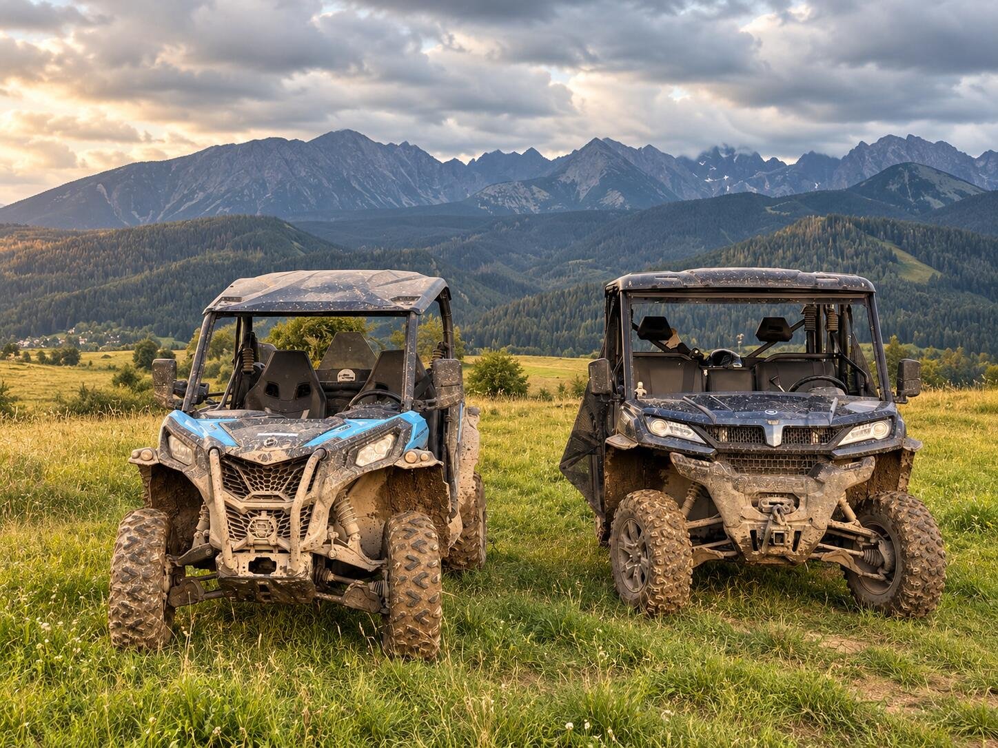 Dwa zabłocone buggy 4×4, niebieskie i grafitowe, stoją na łące o zachodzie słońca, w tle zalesione wzgórza i panorama Tatr